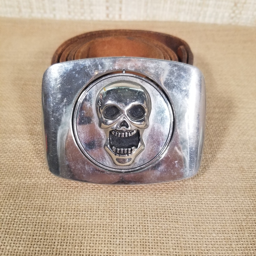 Double Sided Metal Skull Buckle Leather Belt